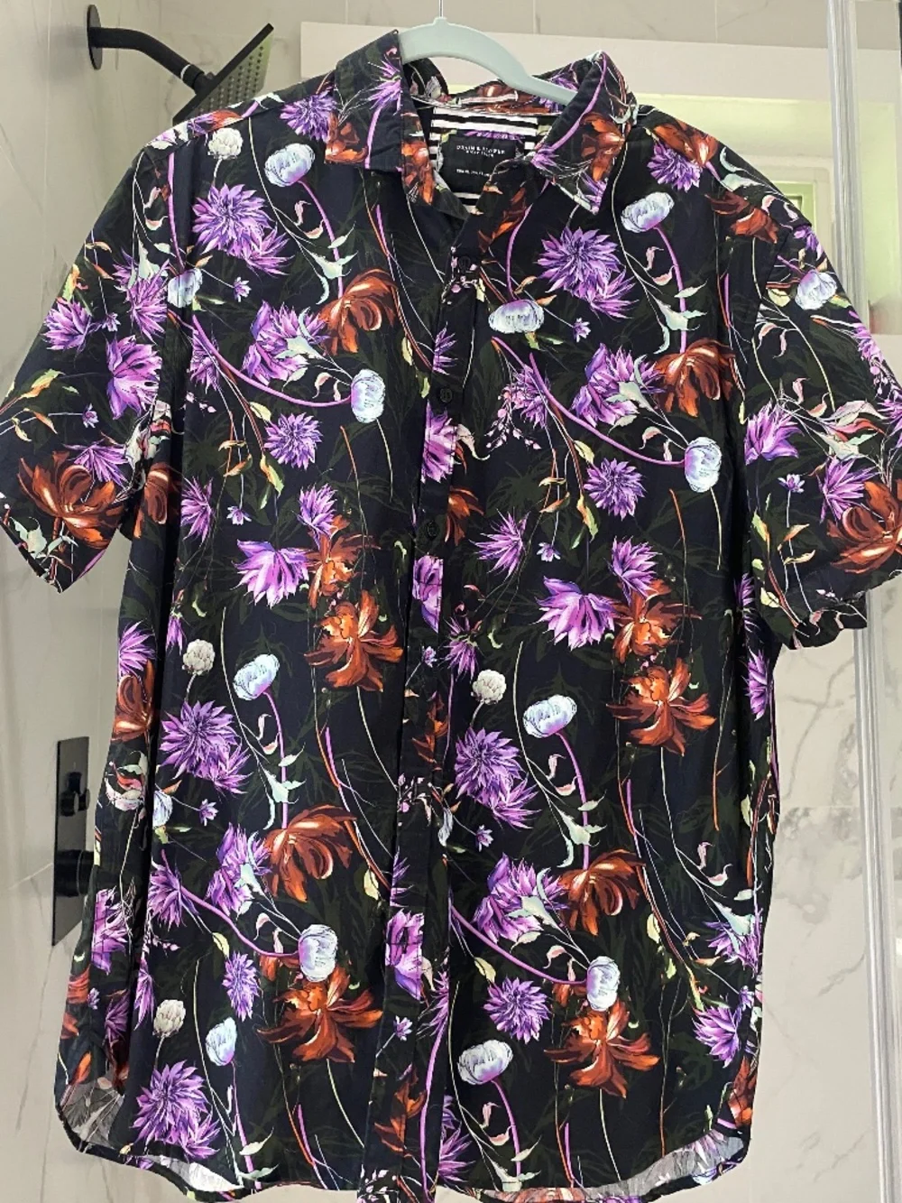 Denim & flower floral purple brown black collared short sleeve button up xl - Picture 1 of 4